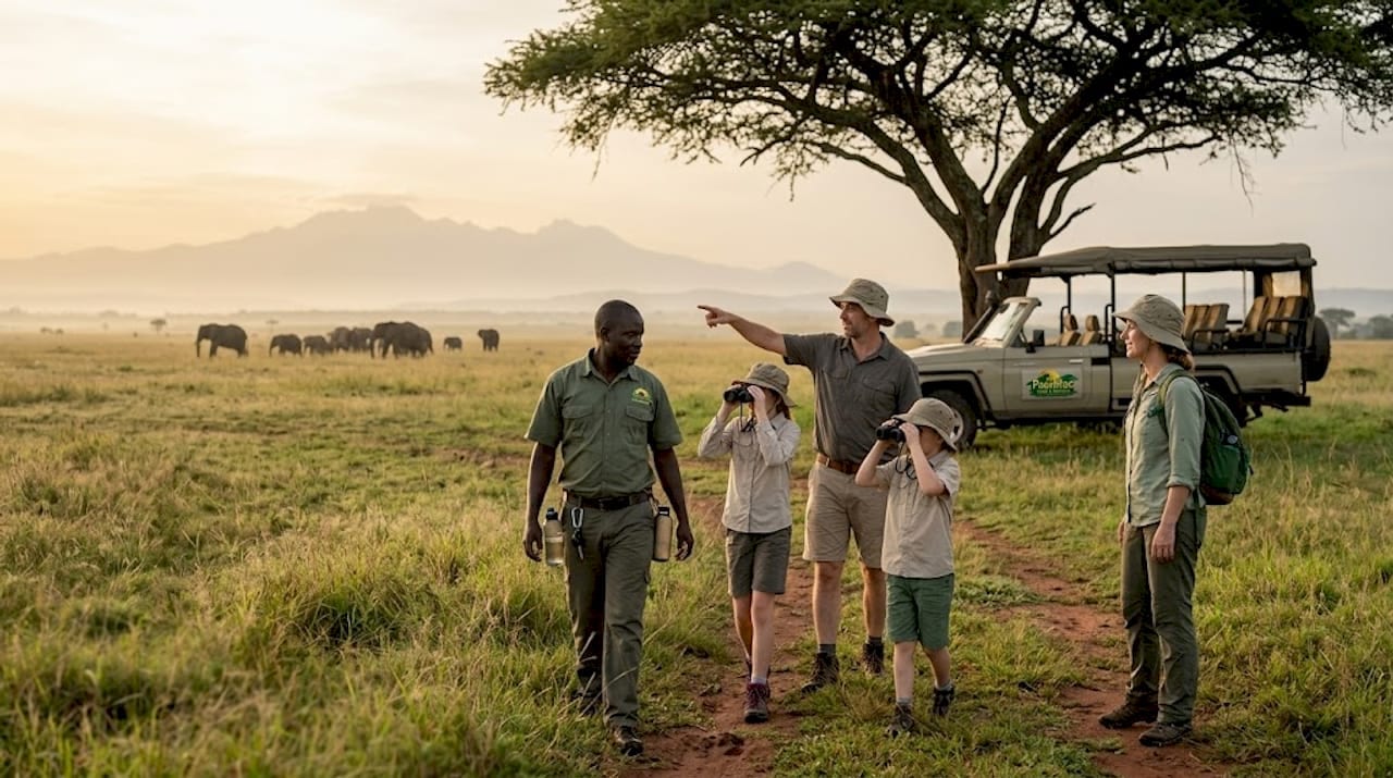 Family with guide walking on safari trail in Uganda