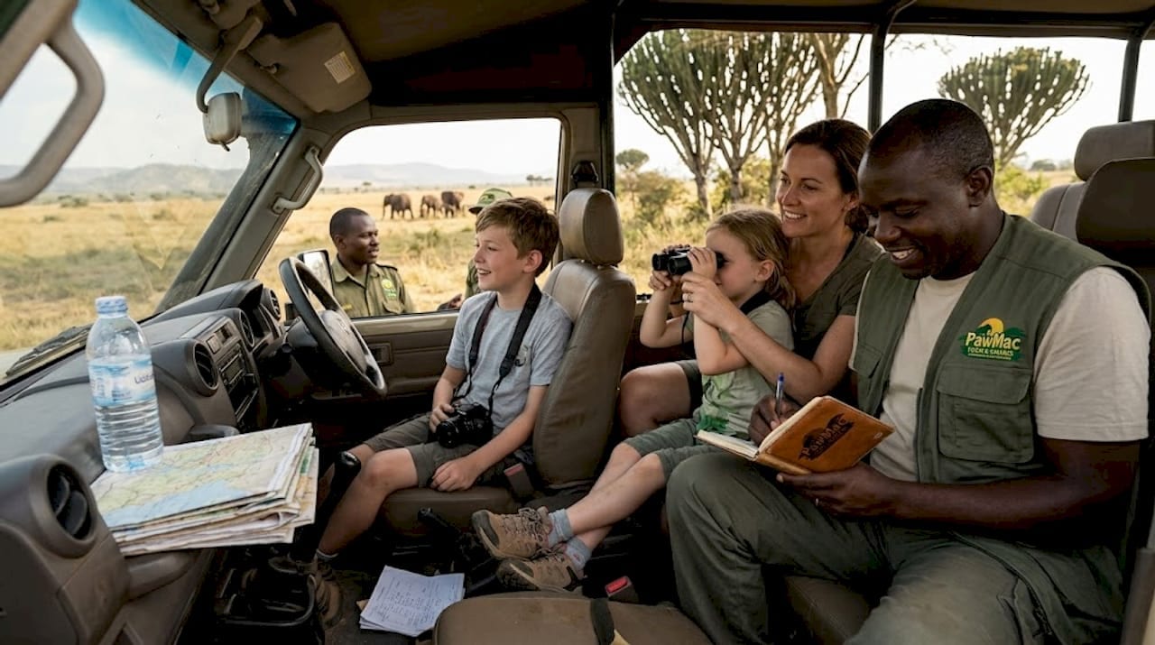 Family in safari vehicle, Uganda park wildlife