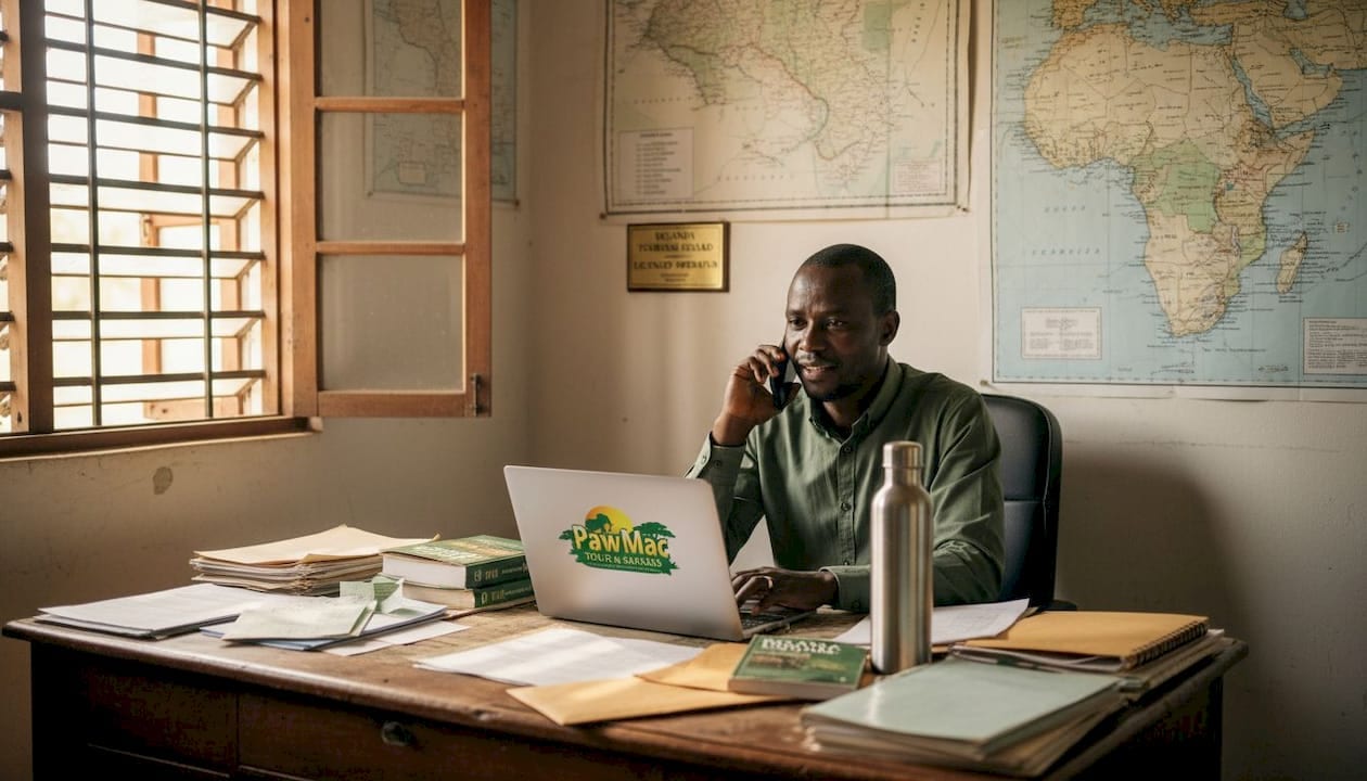 PawMac Safaris tour operator in Uganda office planning a gorilla trekking safari