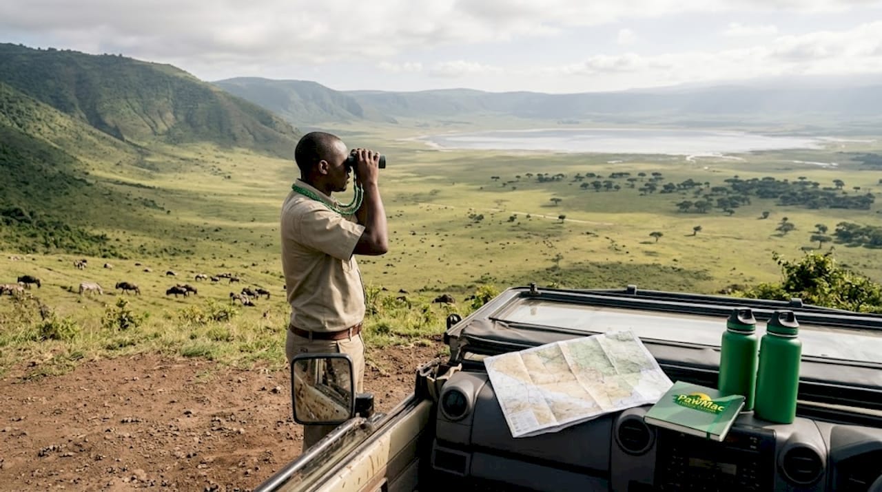 Safari guide overlooking Ngorongoro Crater wildlife
