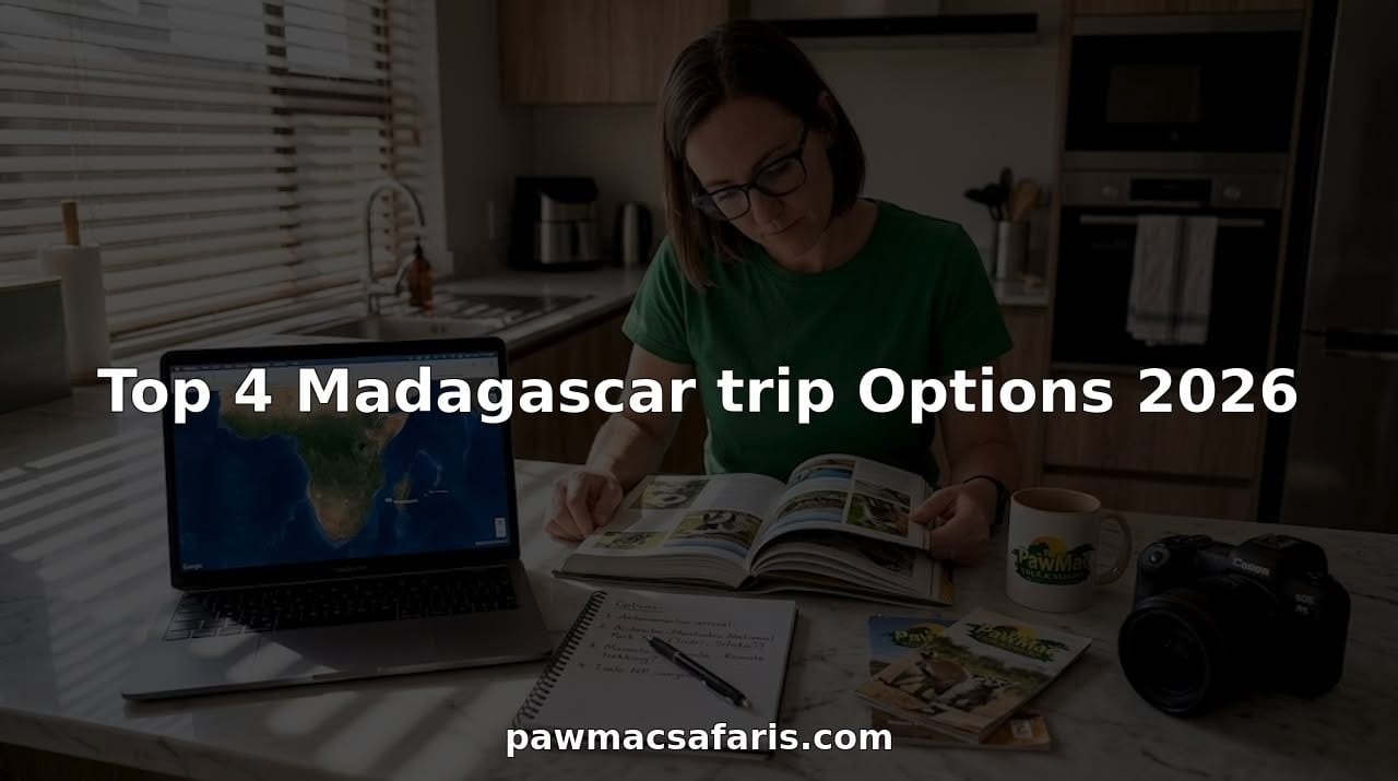 Woman planning Madagascar trip at kitchen island