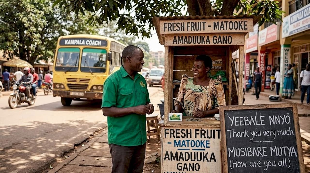 Travelers using English and Luganda at Kampala kiosk