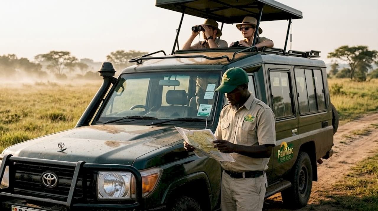 Safari guide and guests beside safari vehicle in Uganda