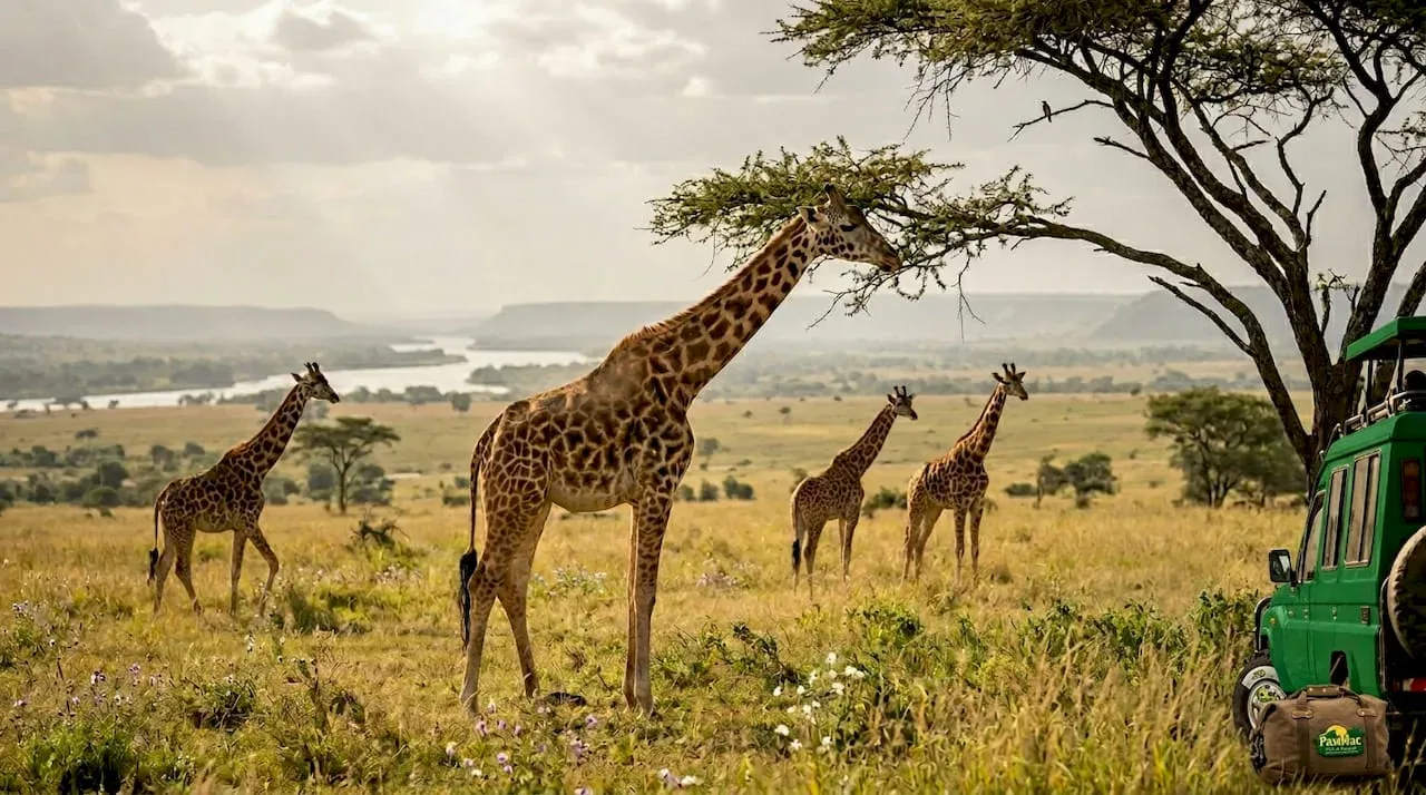 Nubian giraffe herd in Uganda savannah