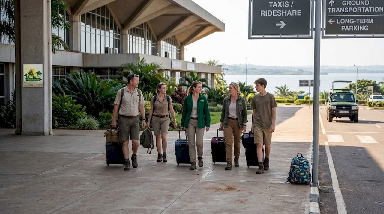 Travelers outside Entebbe International Airport entrance