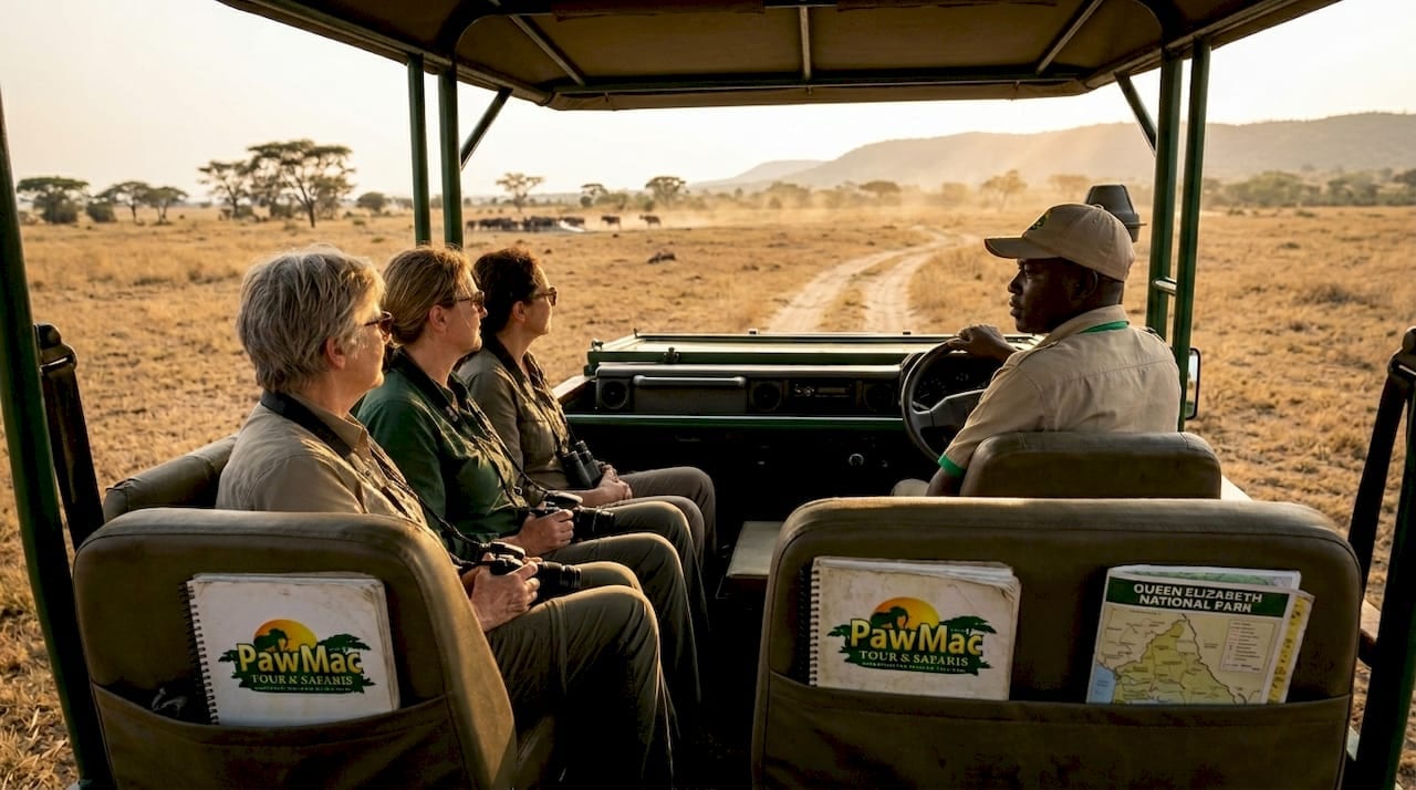 Safari jeep and travelers exploring African savanna