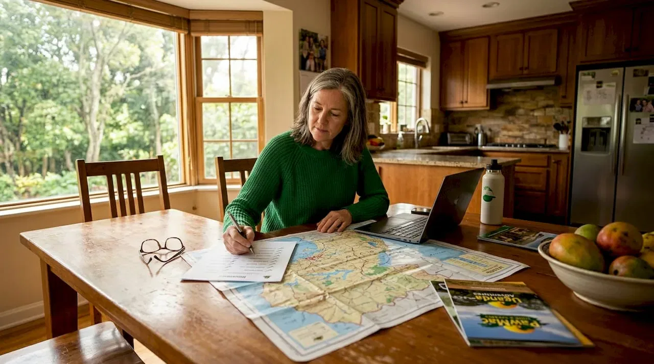 Traveler reviewing Uganda safari itinerary at home