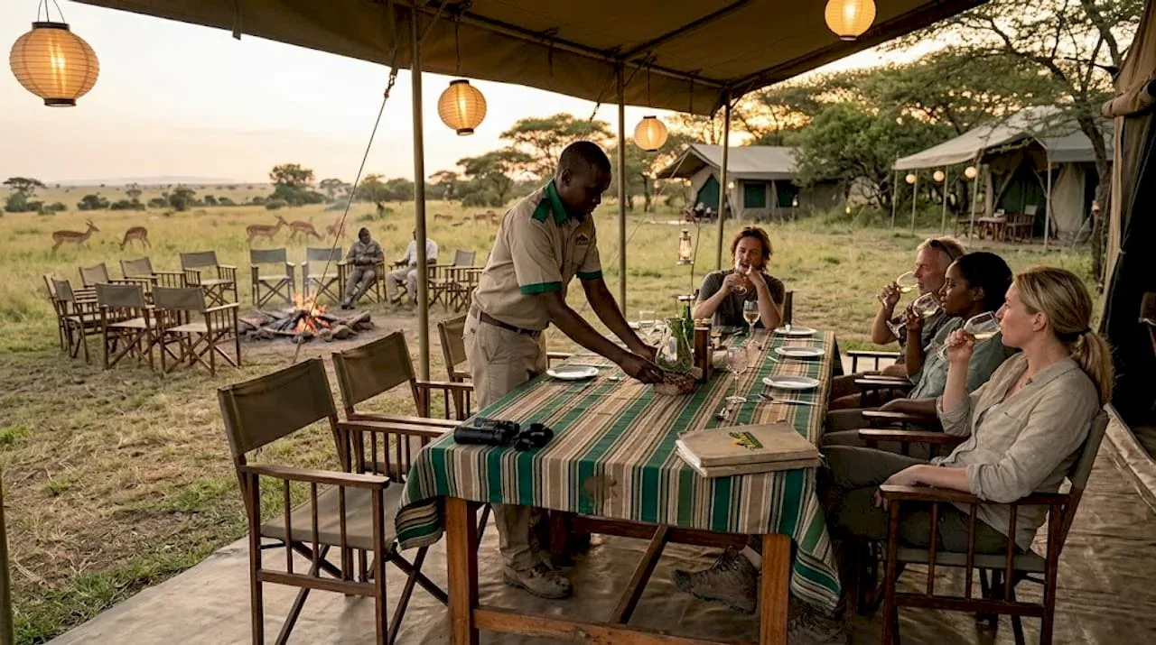 Safari camp dinner setup at dusk