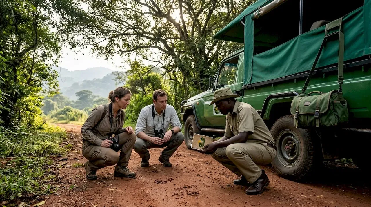 Guide and travelers examine tracks in Ugandan forest