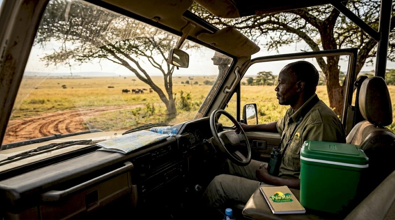 Safari guide looks over plains from jeep