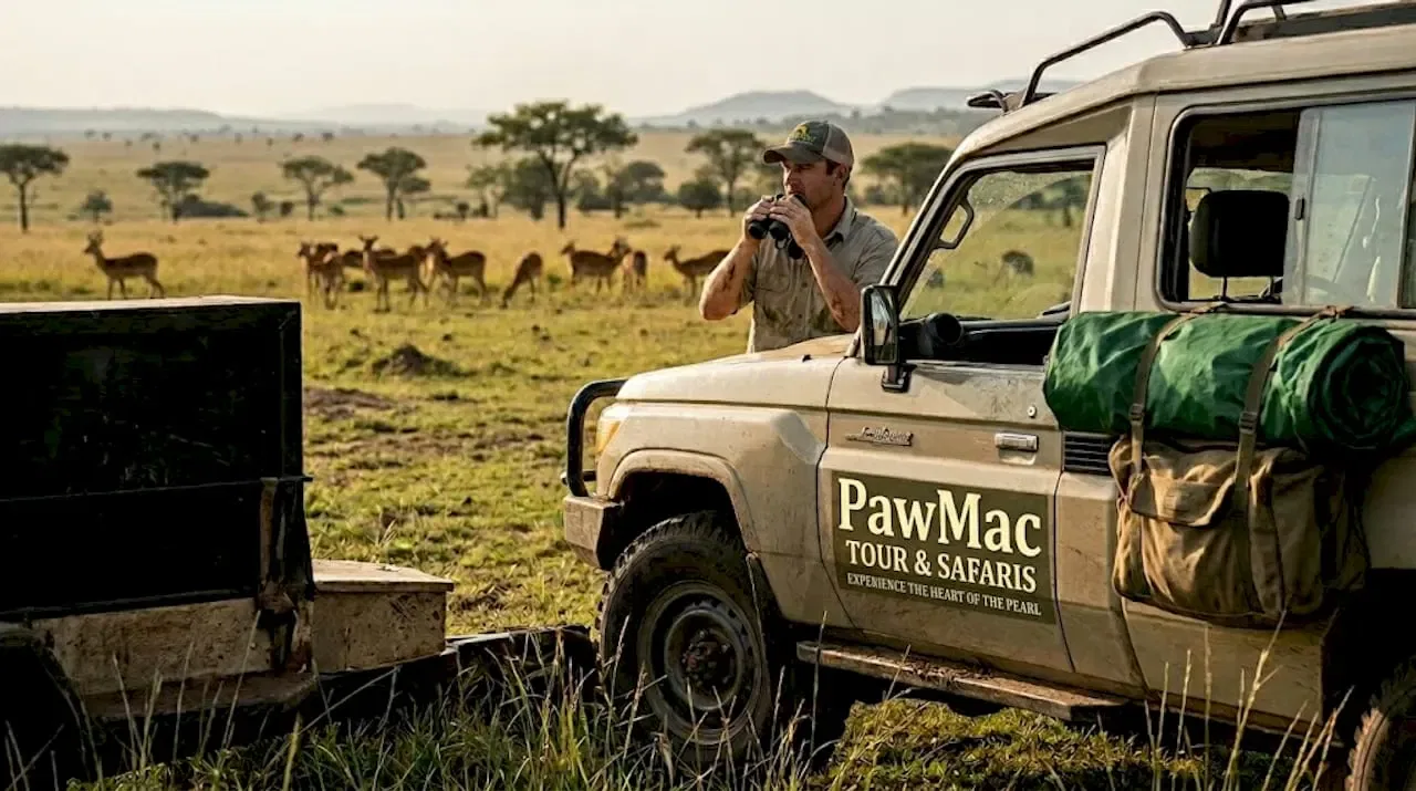 Uganda safari guide with binoculars in savanna