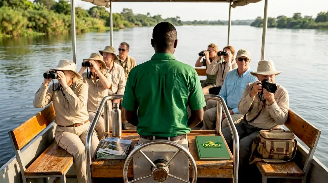 Safari guide steering Nile boat with guests