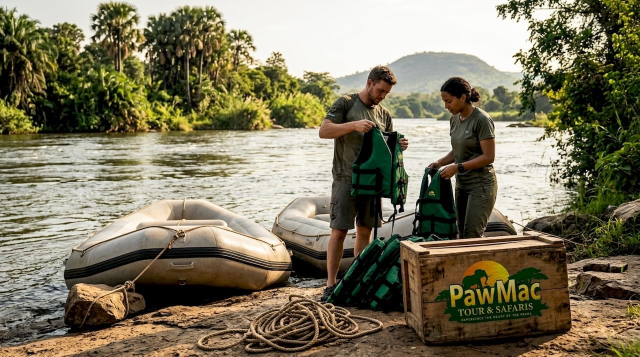 Travelers preparing for Nile rafting on Jinja riverbank