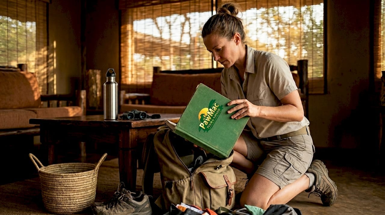Traveler checks gear in guesthouse before safari