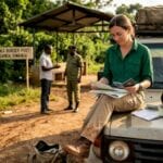 Safari traveler at Uganda-Rwanda border post