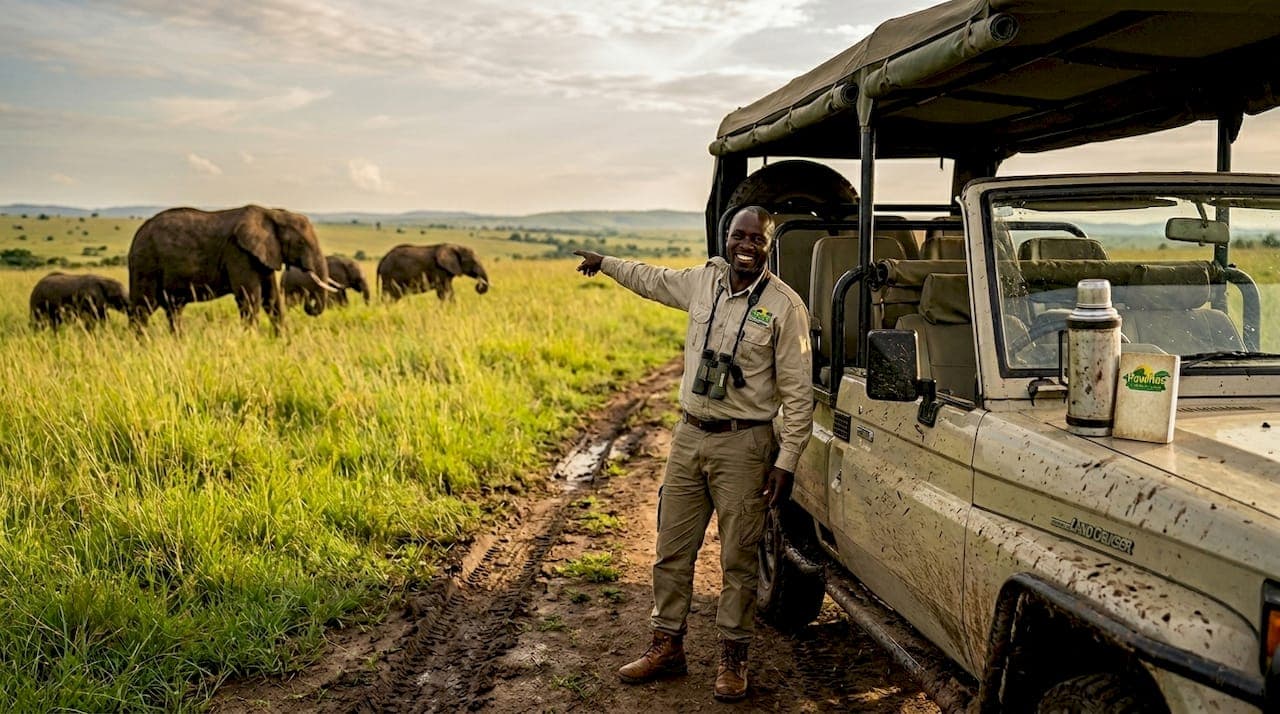 Safari guide with vehicle and elephants