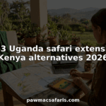 Woman planning Uganda safari at home office desk