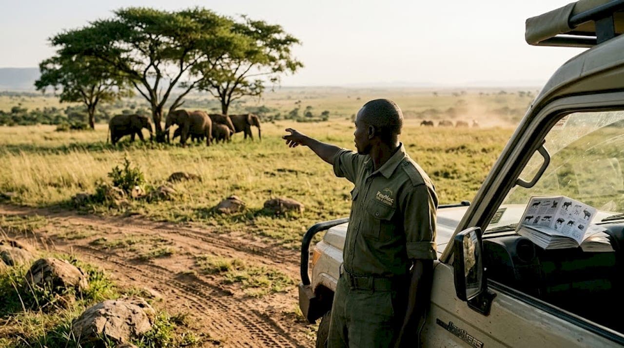 Ranger and safari vehicle overlooking Kidepo landscape