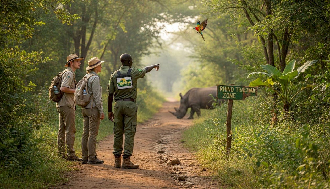 Ranger leading tourists on Ziwa rhino tracking walk