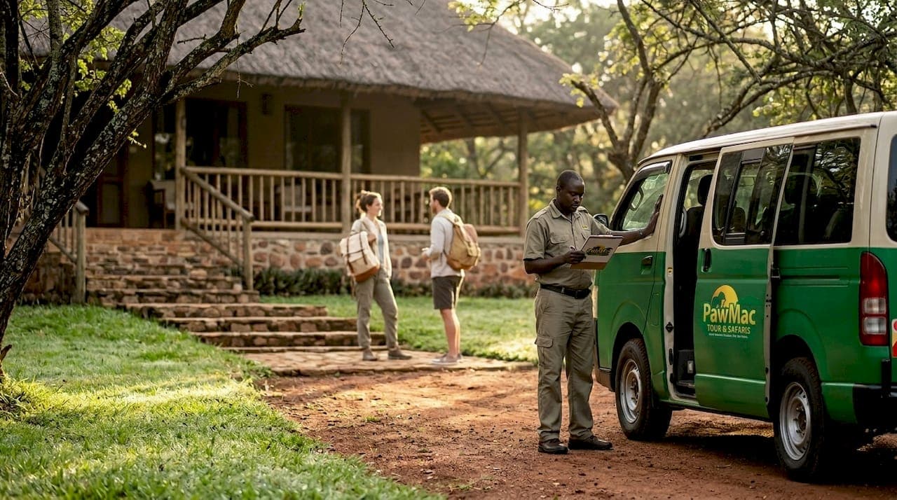 Safari guide with van at Uganda lodge
