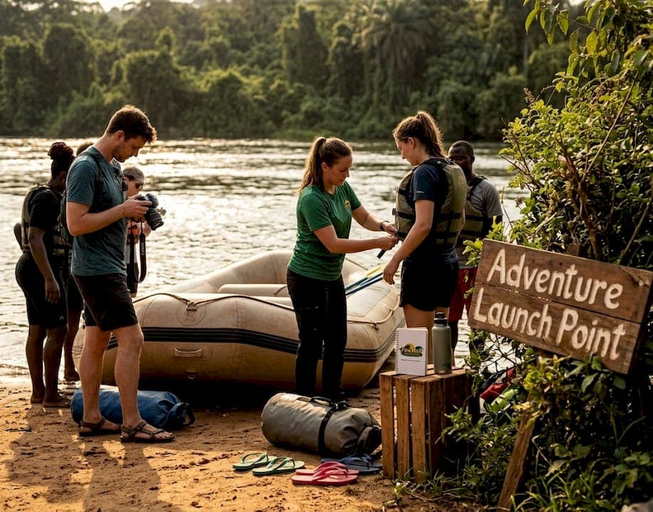 Travelers prepare for Nile rafting near Jinja