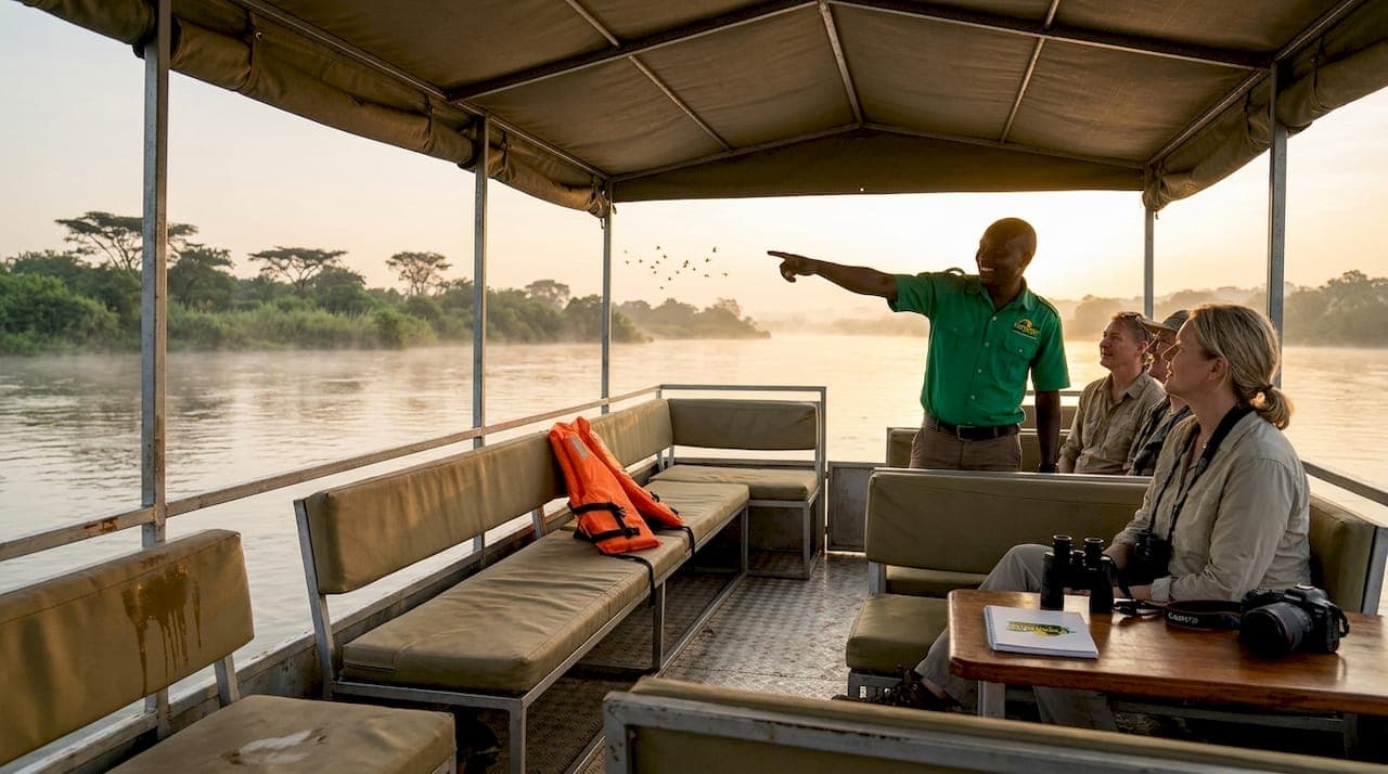 Tourists on sunrise boat cruise Victoria Nile