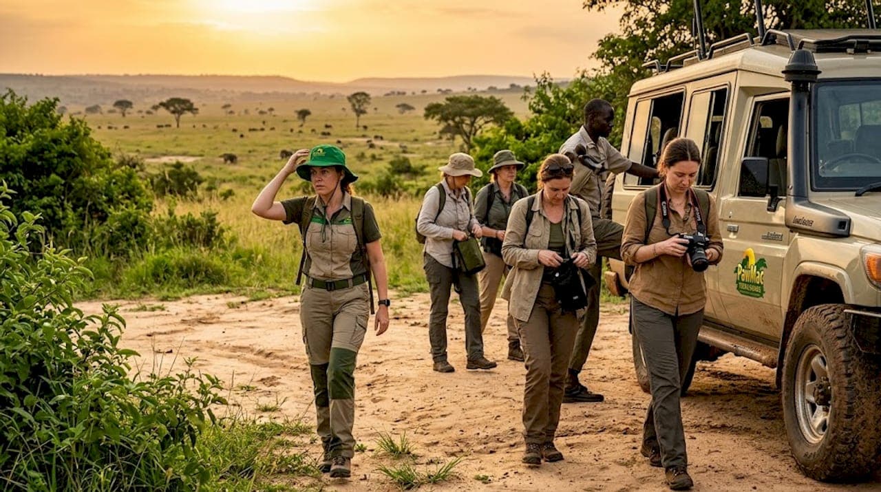 Safari guests in Ugandan landscape with wildlife
