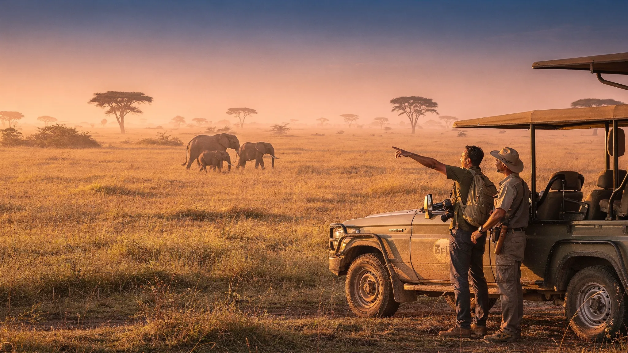 A first-time traveler standing beside a safari vehicle on a Ugandan savanna at sunrise, with elephants in the distance, acacia trees, golden grass, and a professional guide pointing toward wildlife.