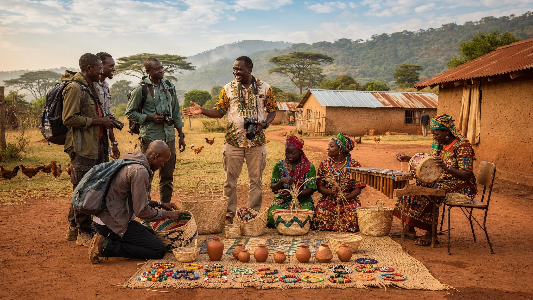 A local Ugandan guide leads travelers through a village craft experience near a national park, with woven baskets, traditional instruments, and green hills in the background.