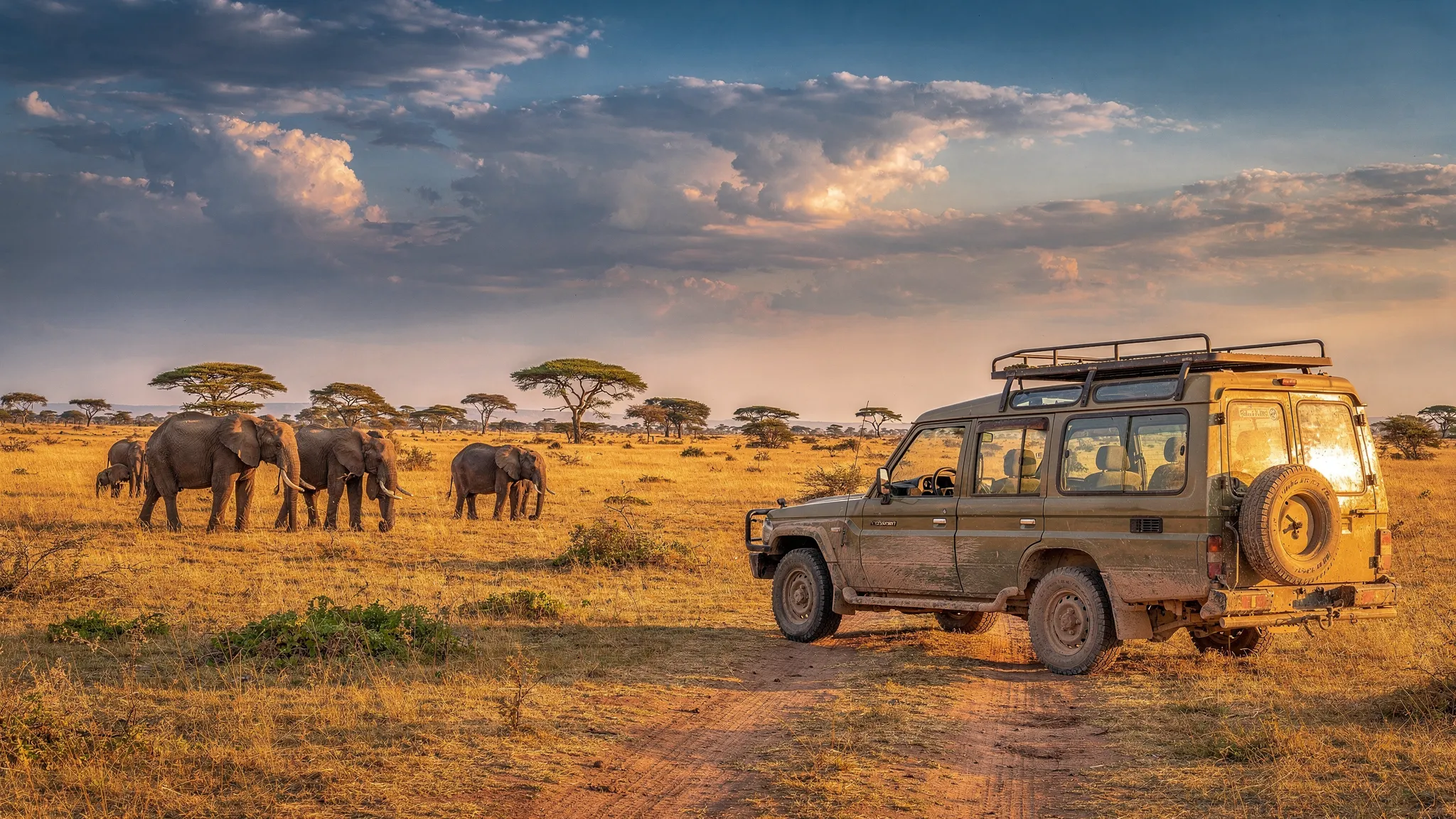 A safari 4x4 vehicle parked on a golden Uganda savanna track with elephants grazing in the distance, acacia trees scattered across the plains, and a dramatic late afternoon sky over the national park landscape.