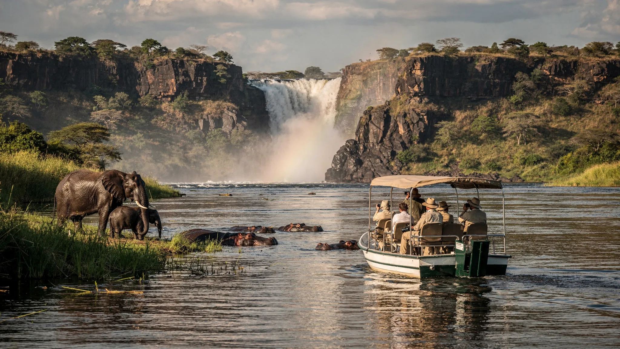 A safari boat on the Victoria Nile near Murchison Falls, with elephants on the riverbank, hippos in the water, and the waterfall mist rising between rocky cliffs in the distance.