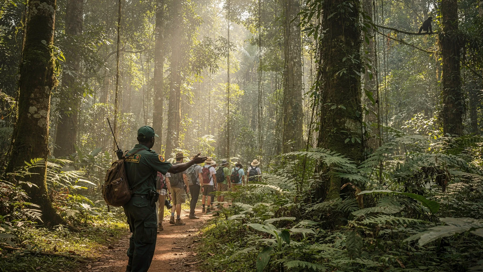 A Uganda Wildlife Authority ranger leads travelers along a shaded trail in Kibale Forest, surrounded by tall tropical trees, vines, and lush undergrowth as they search for chimpanzees.