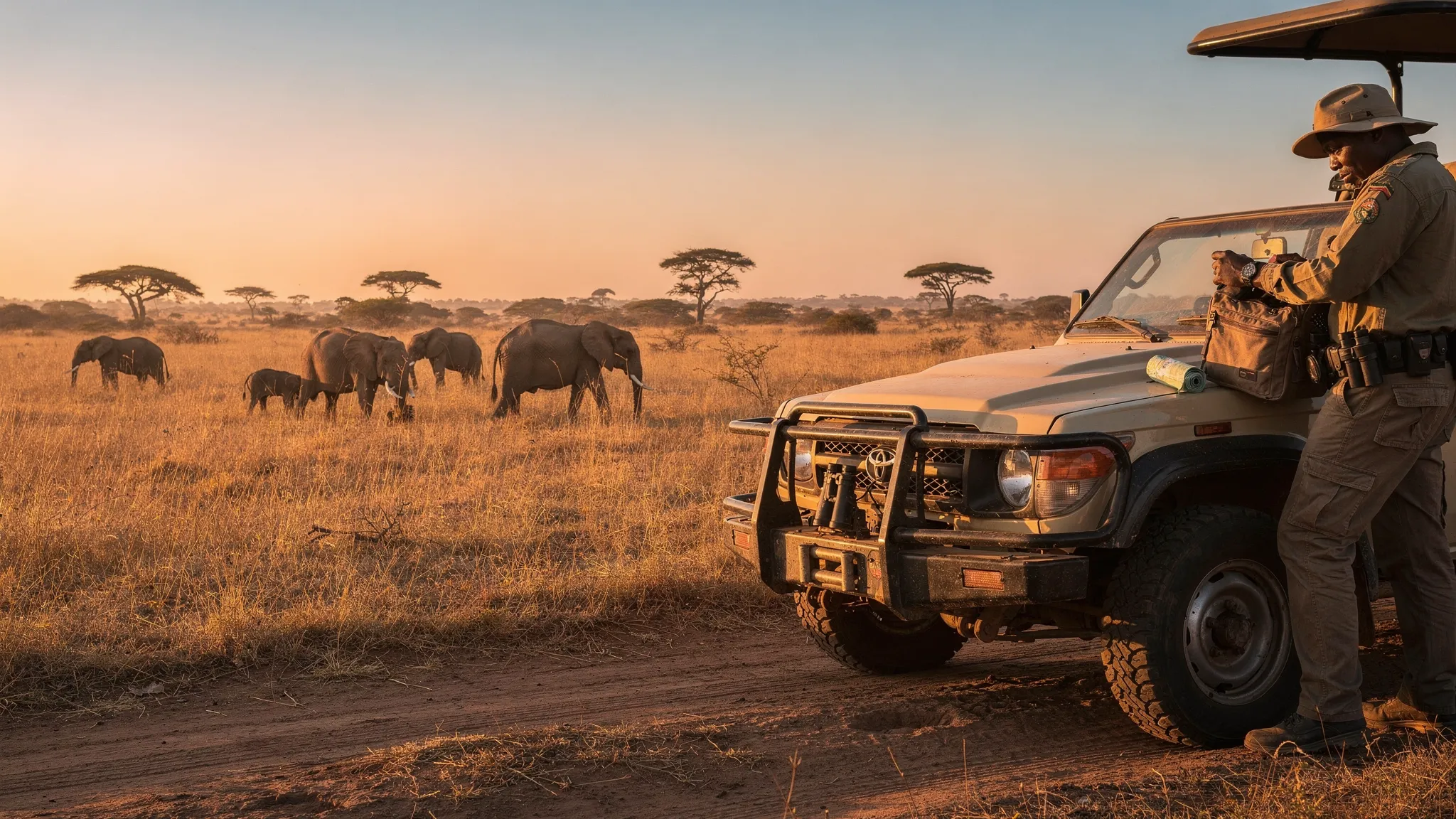 Low-angle close view of a Uganda safari vehicle parked on a savanna track at sunrise, foreground showing the vehicle's bumper and tire while a guide adjusts gear beside it, elephants grazing on golden grasslands near acacia trees visible in the distance.