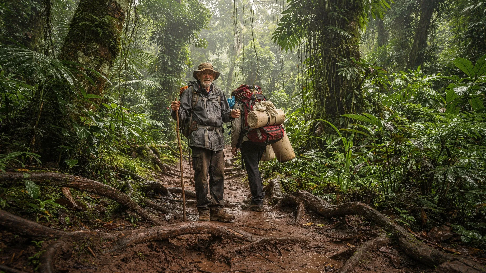 Older traveler with a walking stick and porter paused on a muddy forest trail in Bwindi Impenetrable National Park, with thick roots, hanging vines, and dense green vegetation around them.