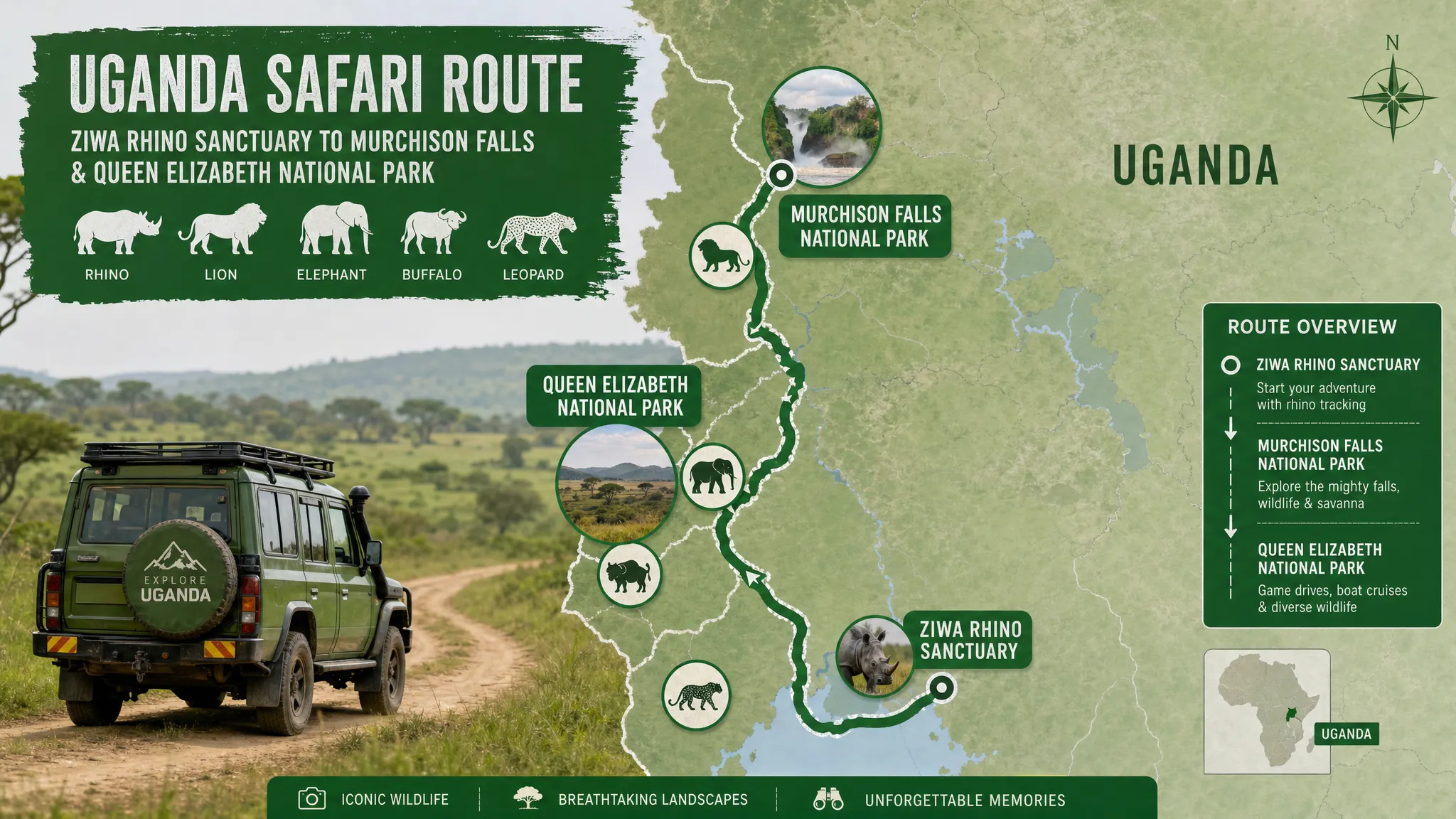 A Uganda safari route map-style scene with a 4x4 vehicle moving from Ziwa Rhino Sanctuary to Murchison Falls and Queen Elizabeth, with distinct landscape transitions, park markers, and silhouettes for rhino, lion, elephant, buffalo, and leopard.