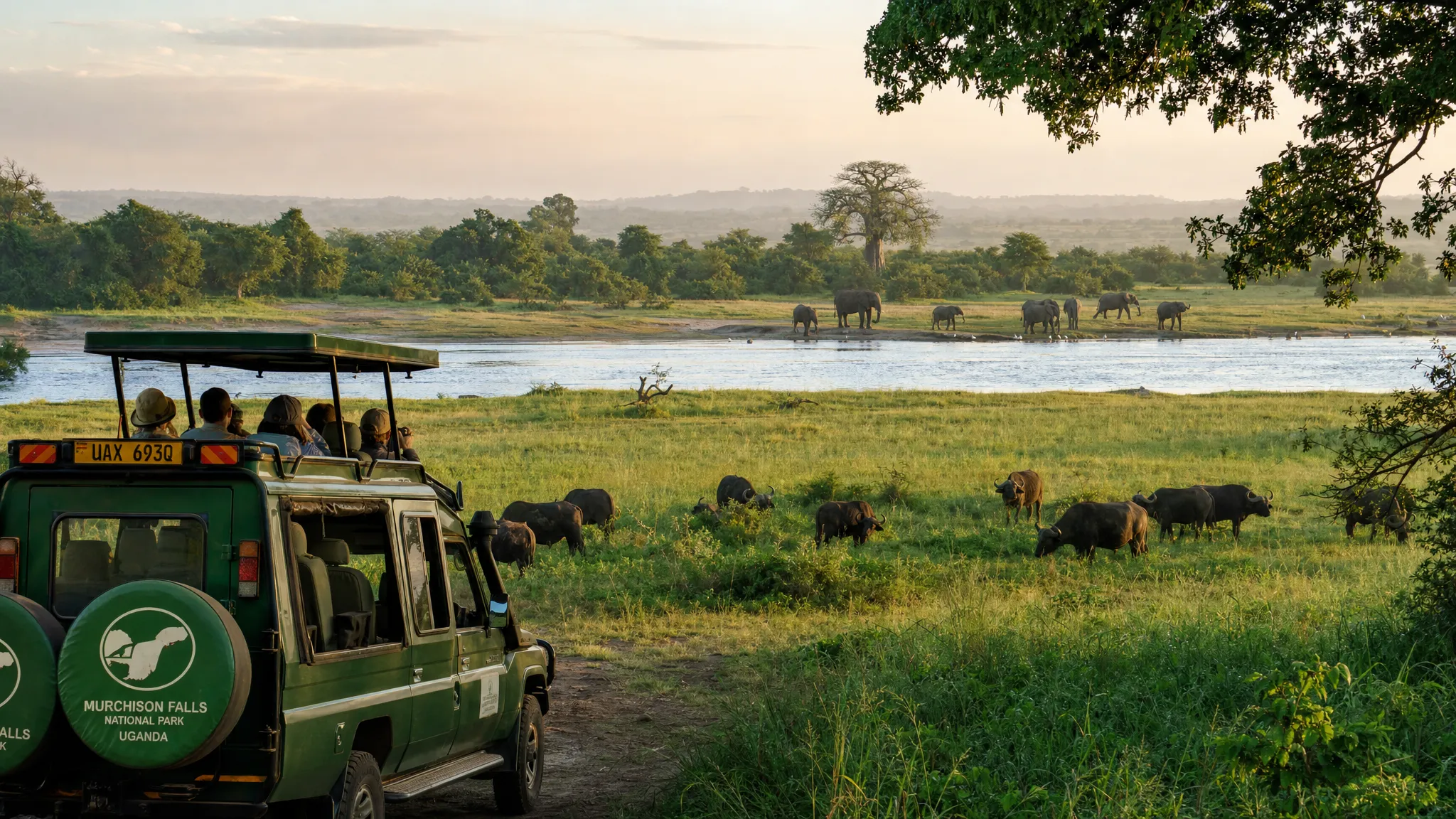 A Uganda safari vehicle paused near a riverbank in Murchison Falls National Park with elephants on the opposite side, buffalo in the midground, and low morning light across the grassland, creating a wide Big Five game-drive scene.