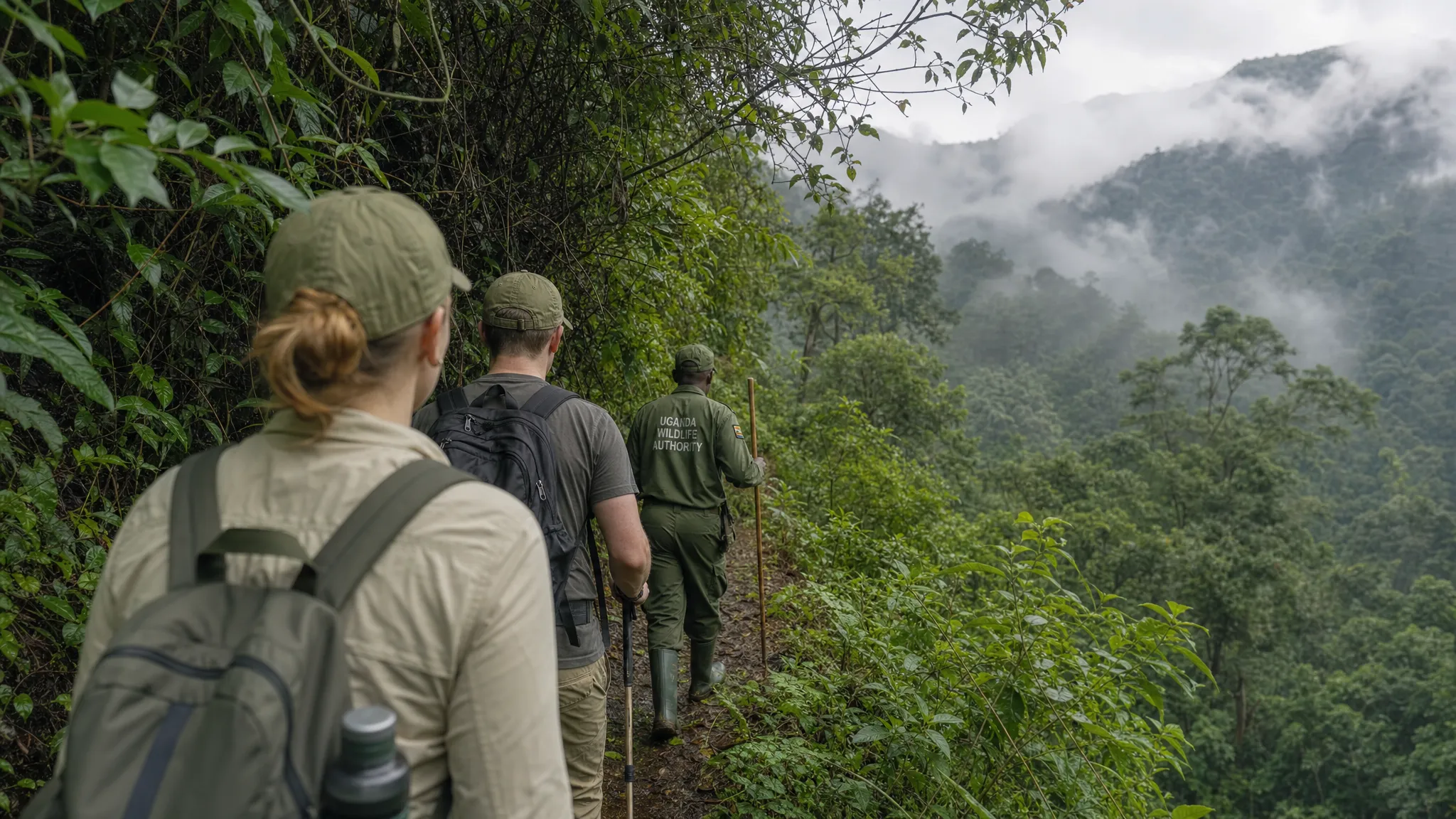 Trekkers in neutral outdoor clothing follow a Uganda wildlife ranger along a narrow Bwindi forest trail, with dense vegetation close to the path and mist hanging over the hills in the background.