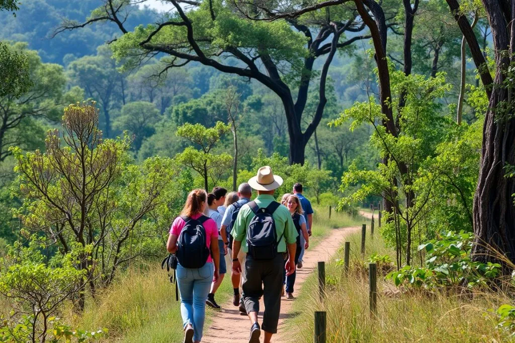 A safari guide walks with tourists on a narrow forest path near dense trees