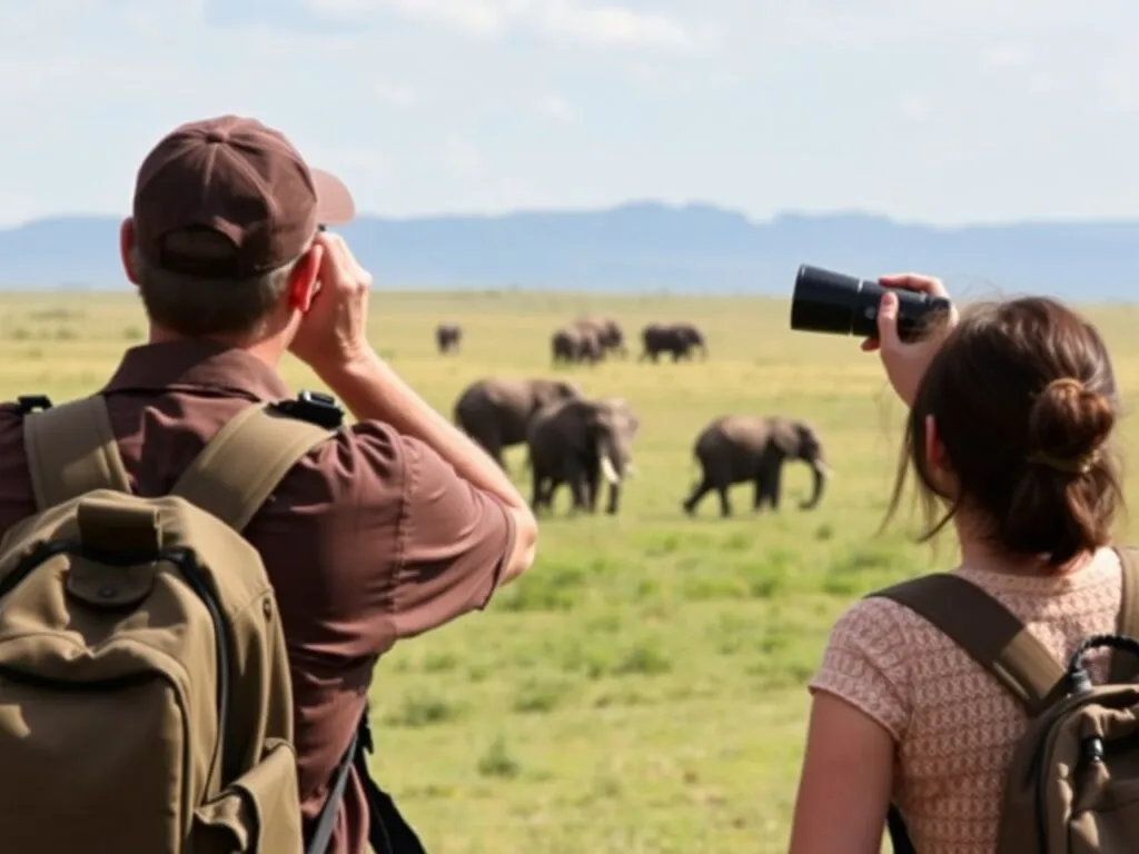 Two tourists with binoculars watch a herd of elephants on a grassy plain