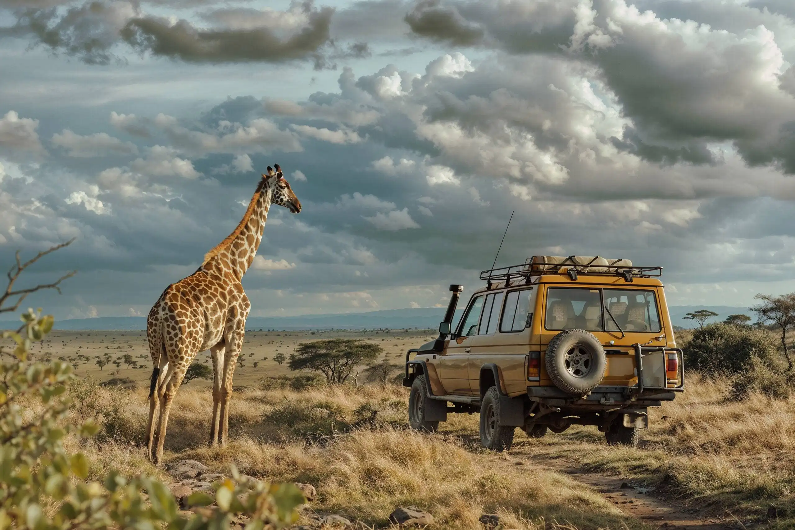 Giraffe next to a safari vehicle in Uganda