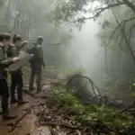 Trekkers hiking through misty Uganda forest