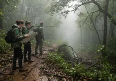 Trekkers hiking through misty Uganda forest