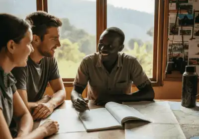 Safari planner and tourists discuss itinerary