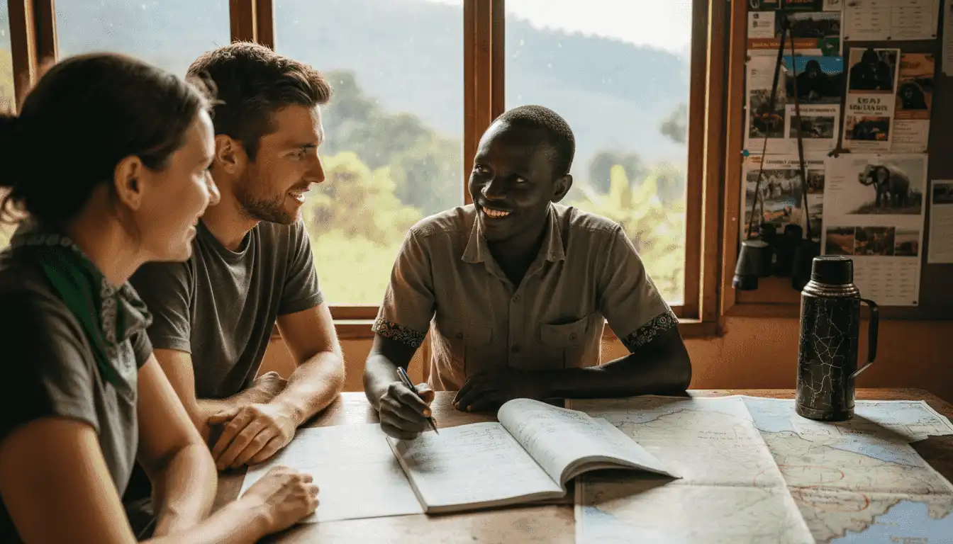 Safari planner and tourists discuss itinerary