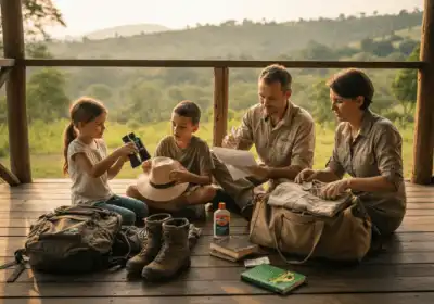 Family preparing gear for Uganda safari