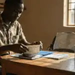 Safari traveler organizing Uganda visa documents