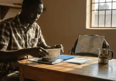 Safari traveler organizing Uganda visa documents