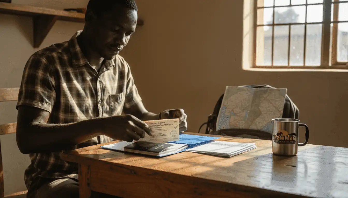 Safari traveler organizing Uganda visa documents