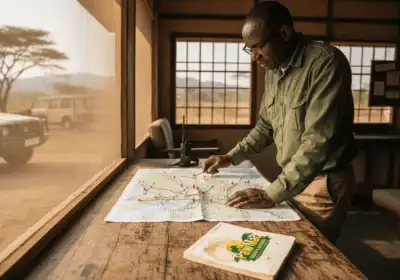 Safari operator reviewing route map and plans