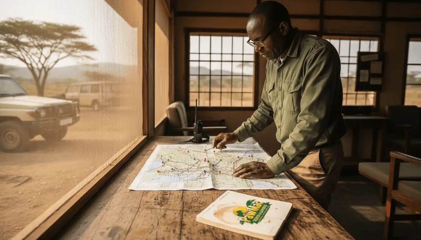 Safari operator reviewing route map and plans